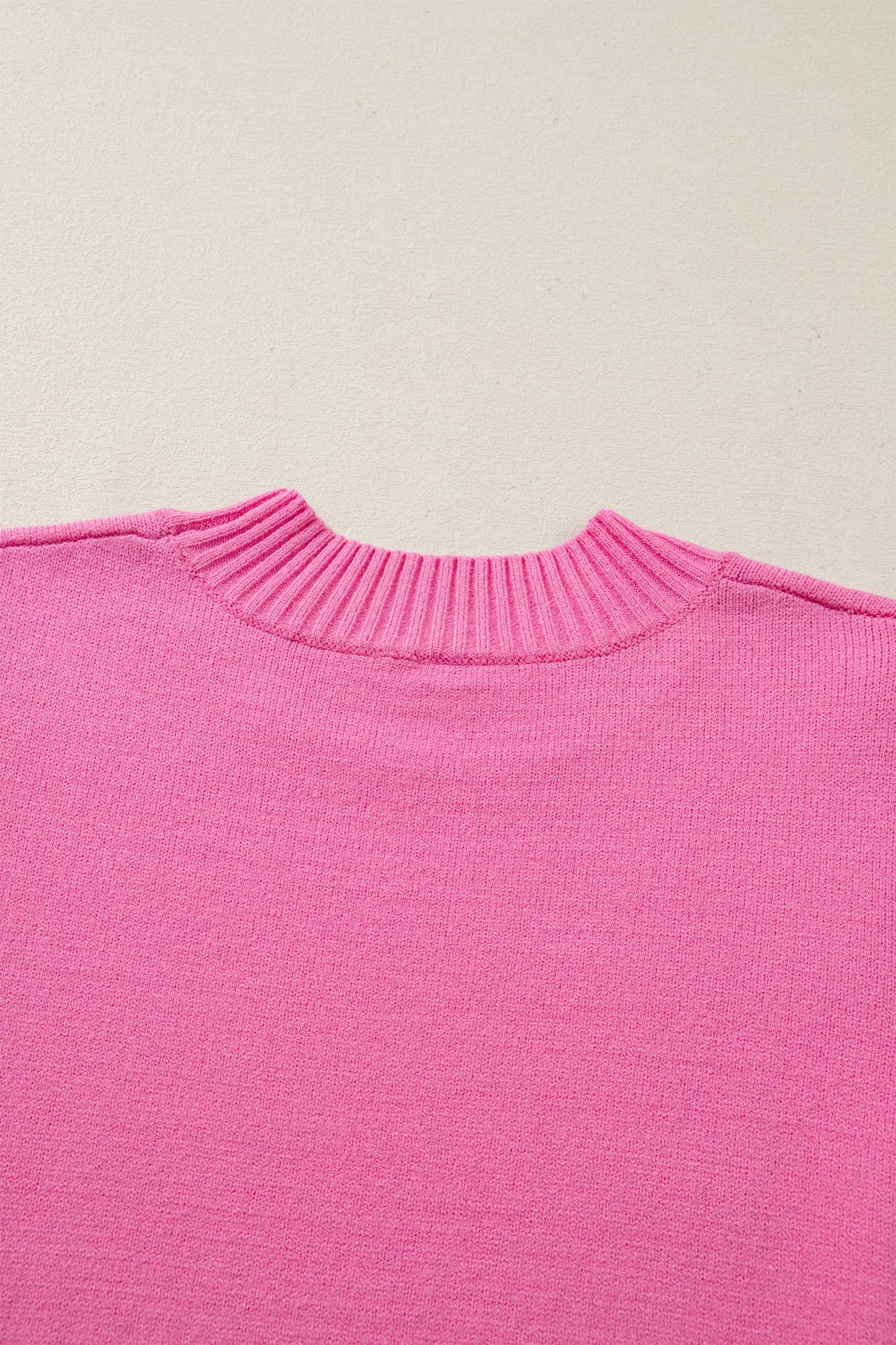 Ribbed Trim Round Neck Ruffle Short Sleeve Sweater: Sachet Pink / XL