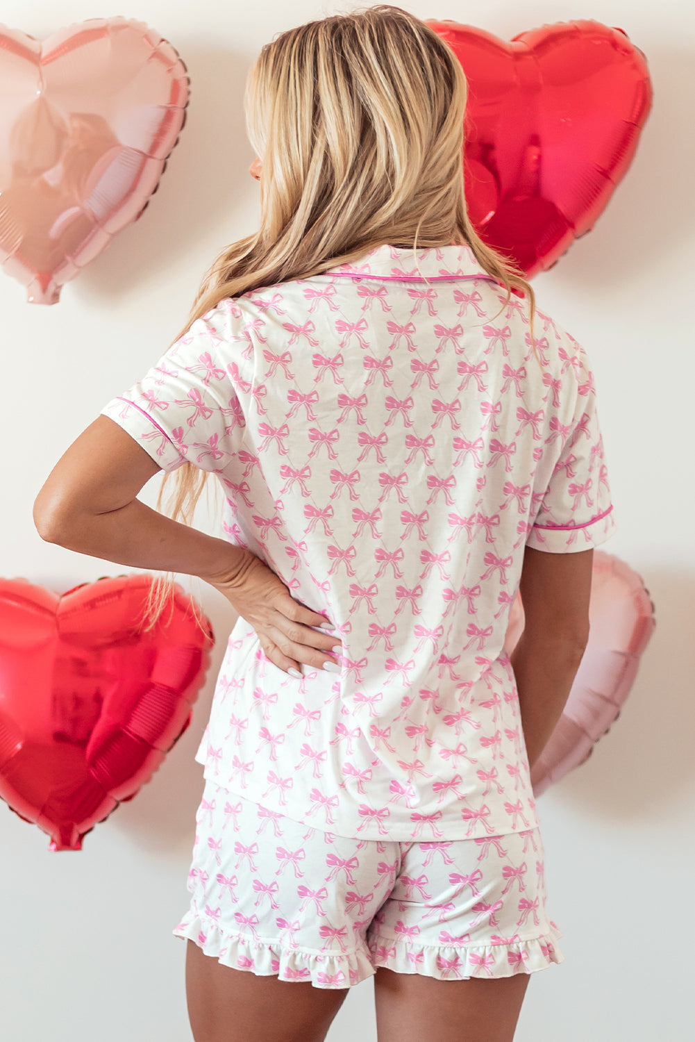 Luxury Bowknot Printed Short Sleeve and Ruffled Shorts Pajama Set