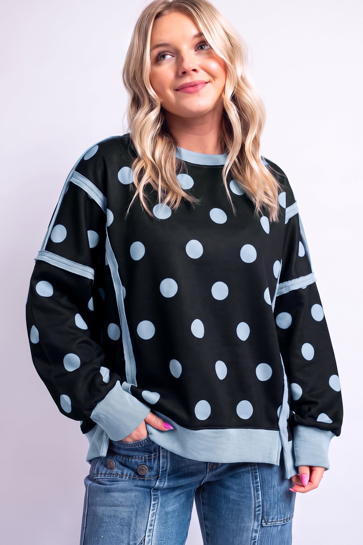 Yellow Polka Dot Contrast Patchwork Round Neck Baggy Sweatshirt