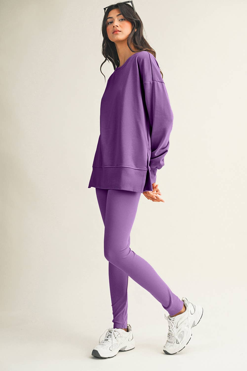 LDC Solid Color Slit Sweatshirt Ribbed Leggings 2pcs Set: Green Bay / XL