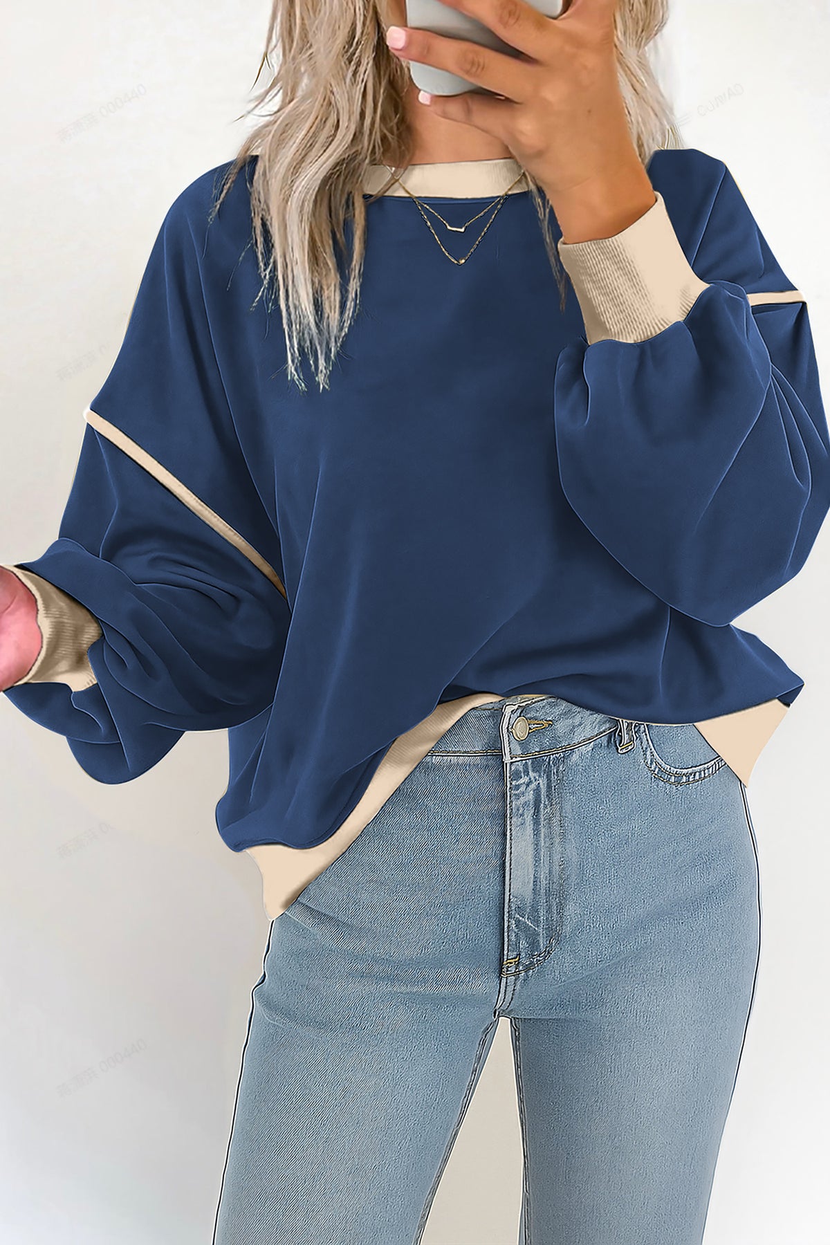 Navy Blue Colorblock Drop Shoulder Pullover Sweatshirt