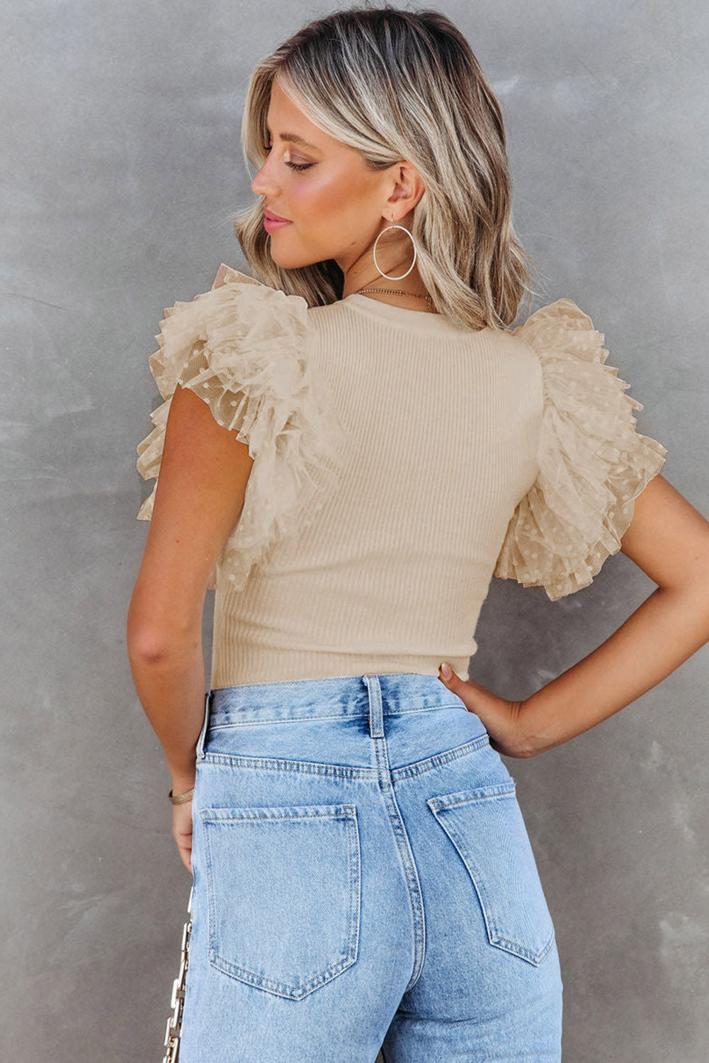 Luxury Dotty Mesh Ruffle Sleeve Ribbed Knit Top
