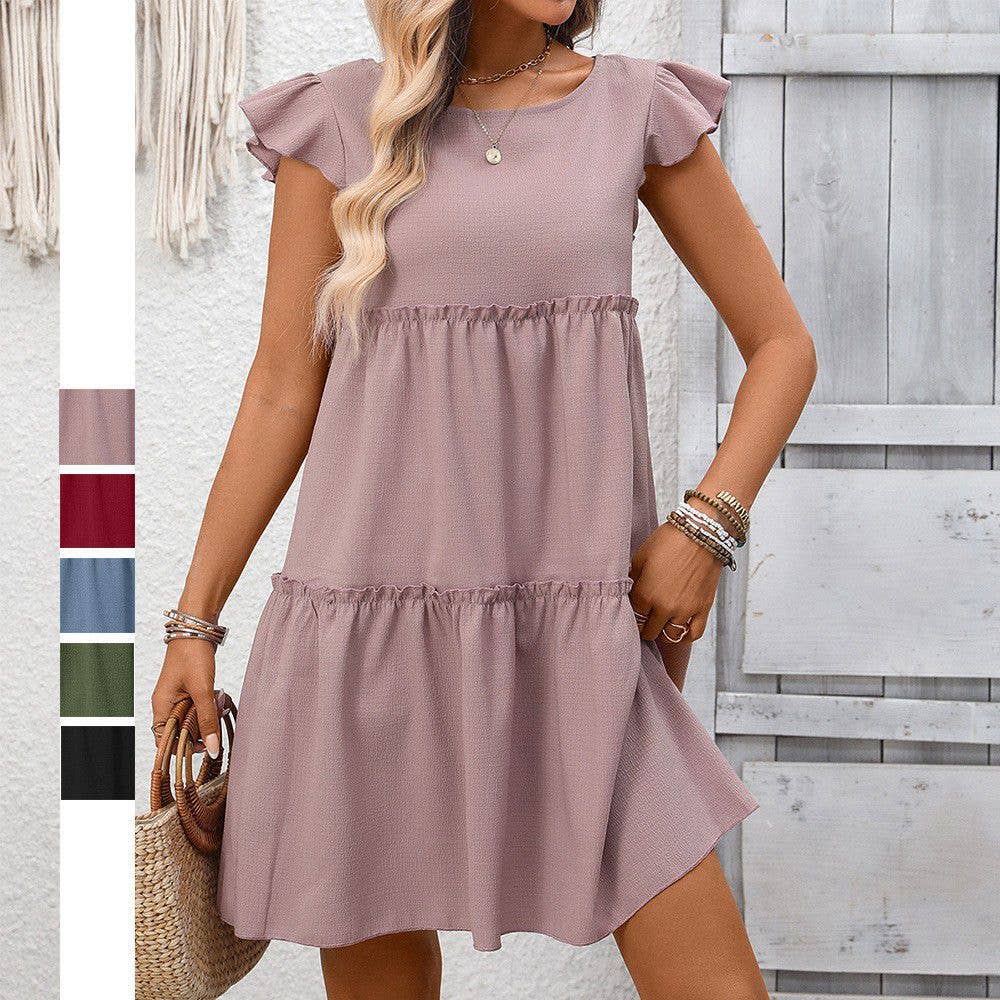 Ruffle Sleeve Tiered Boho Summer Dress Casual Solid Style: Light Purple / 100%Polyester / L