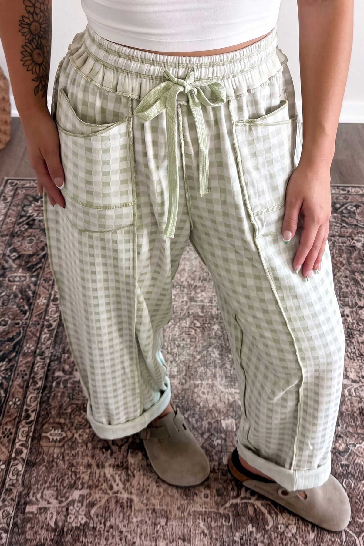 Brown Plaid Contrast Trim Drawstring Elastic Waist Shift Pants