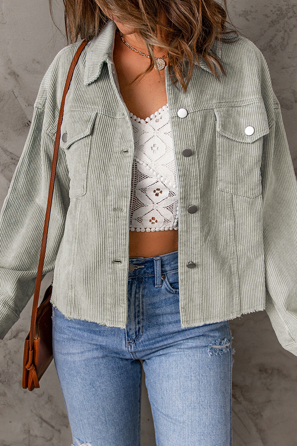 Sky Blue 100% Cotton Raw Hem Flap Pockets Cropped Corduroy Jacket