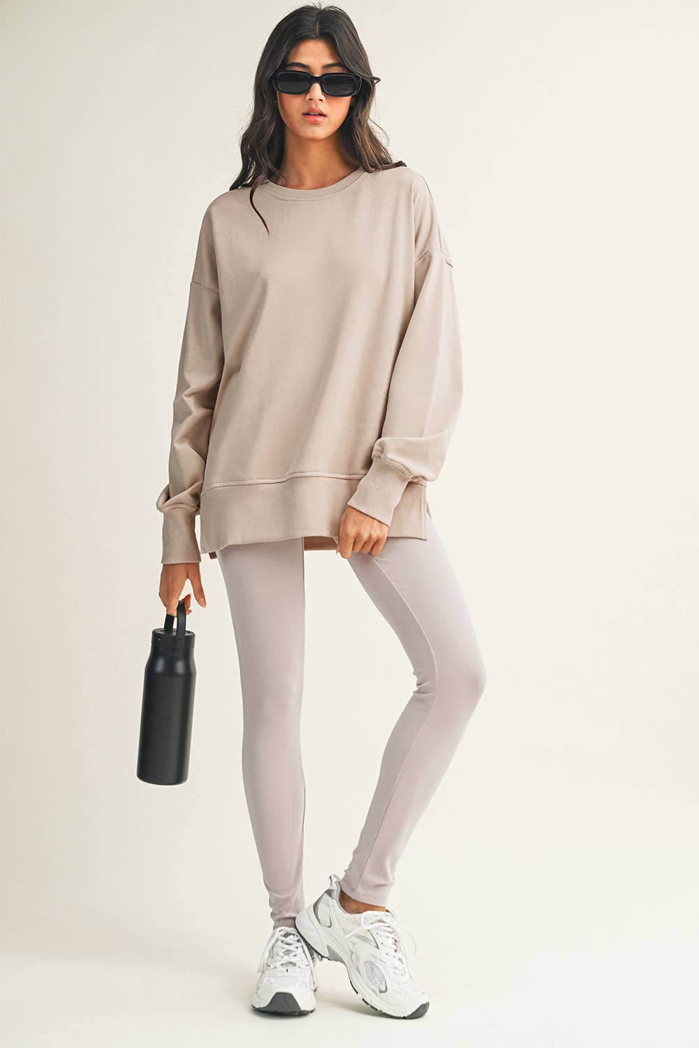 LDC Solid Color Slit Sweatshirt Ribbed Leggings 2pcs Set: Green Bay / XL