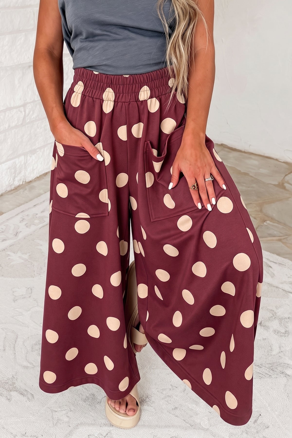 Burgundy Polka Dot Wide Leg Elastic Waist Casual Pants