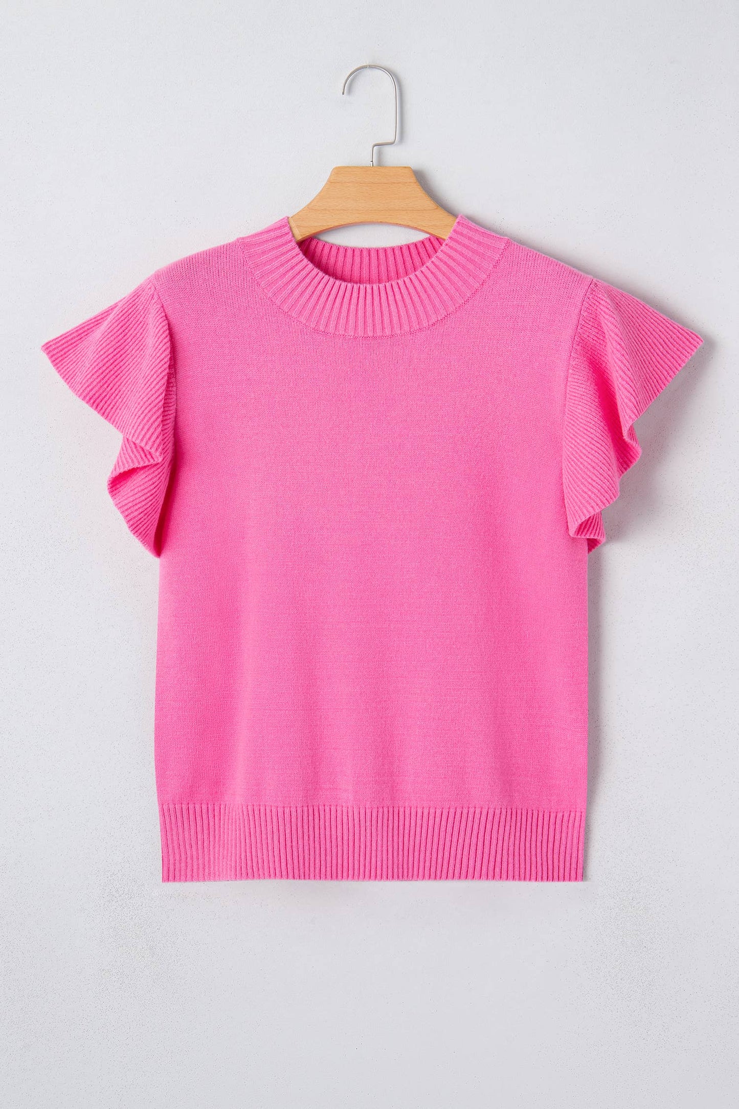 Ribbed Trim Round Neck Ruffle Short Sleeve Sweater: Sachet Pink / XL