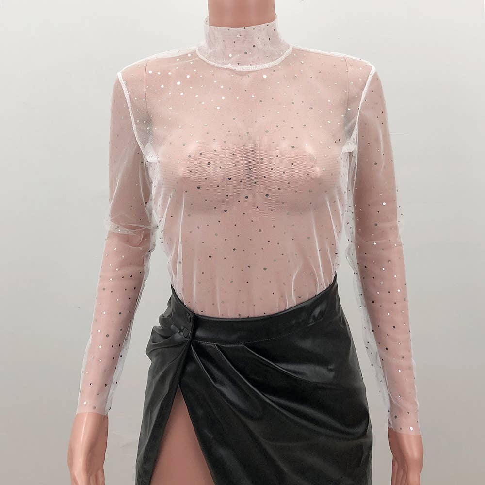 See Through Sheer Mesh Sequin Underwear Top ZZKF818: White / L