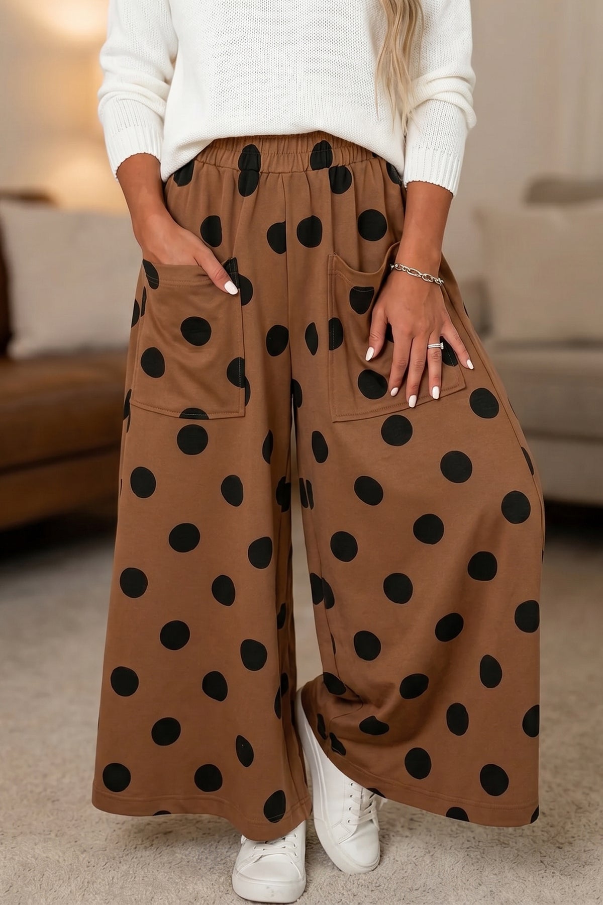 Burgundy Polka Dot Wide Leg Elastic Waist Casual Pants