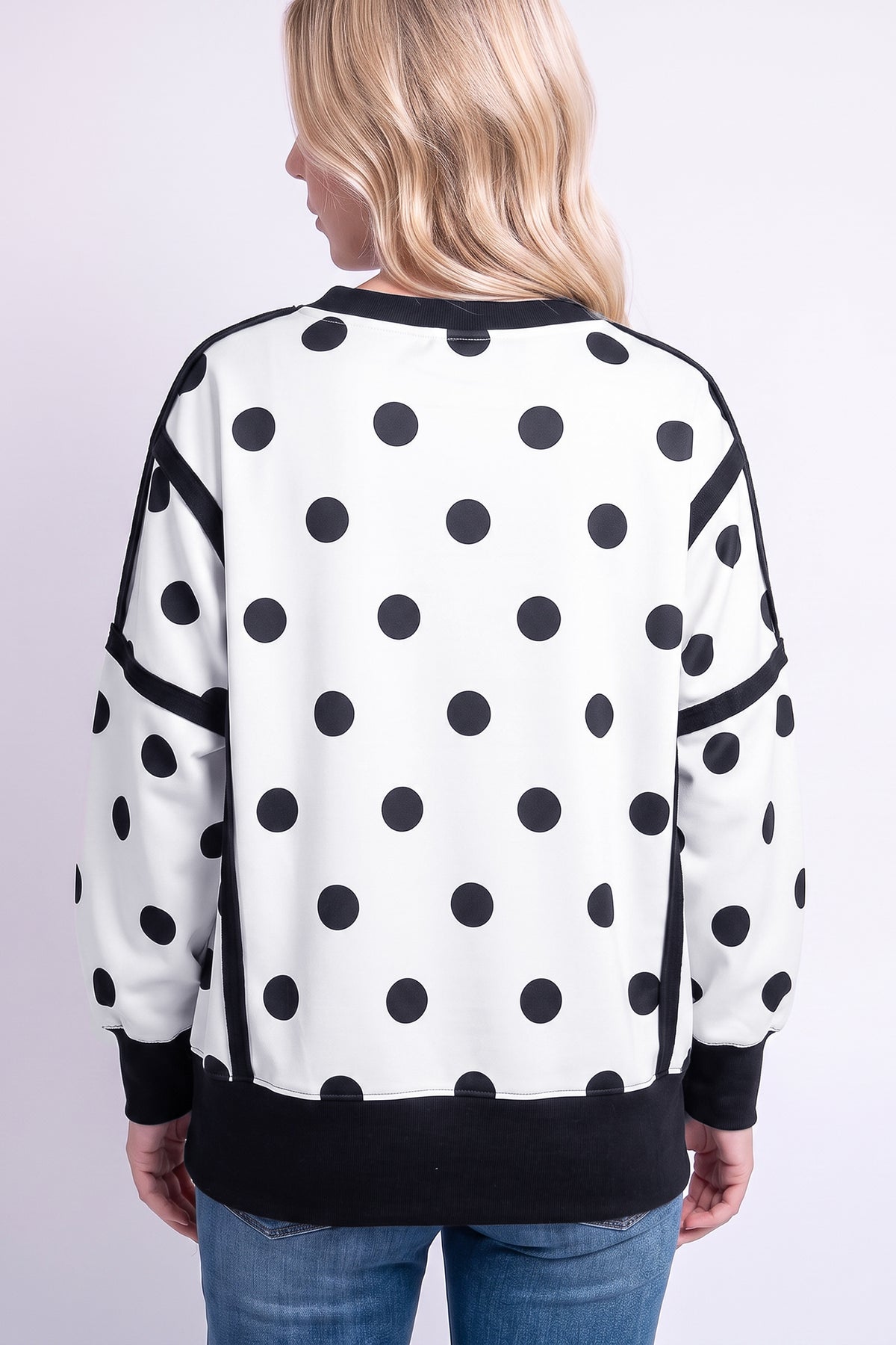 Yellow Polka Dot Contrast Patchwork Round Neck Baggy Sweatshirt