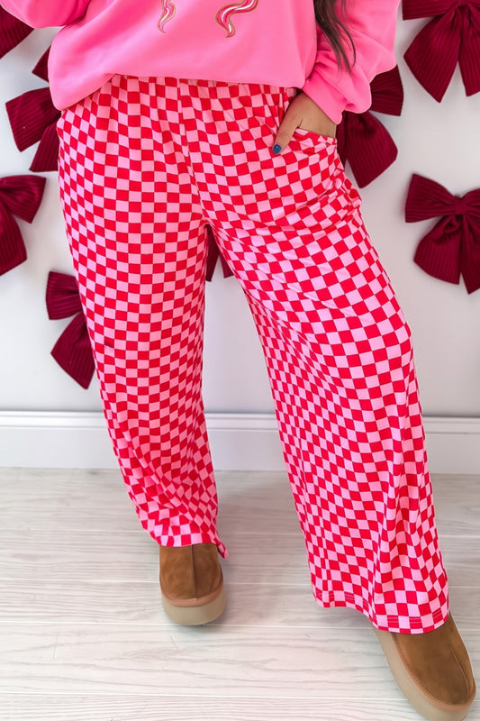 Pink Plus Size Checkered Pattern Loose Casual Pants