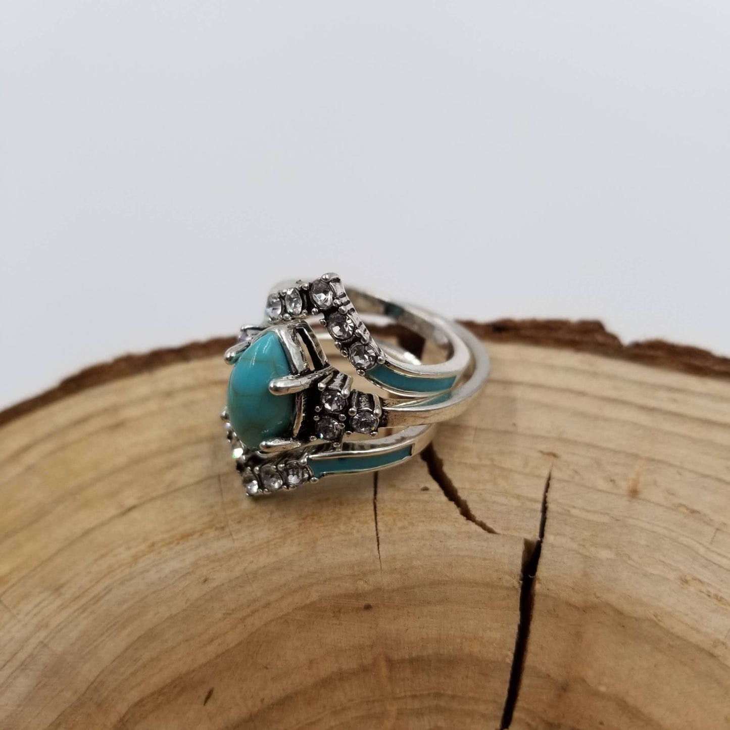 Silver Vintage Turquoise & Diamond Ring Set Of 3: 8