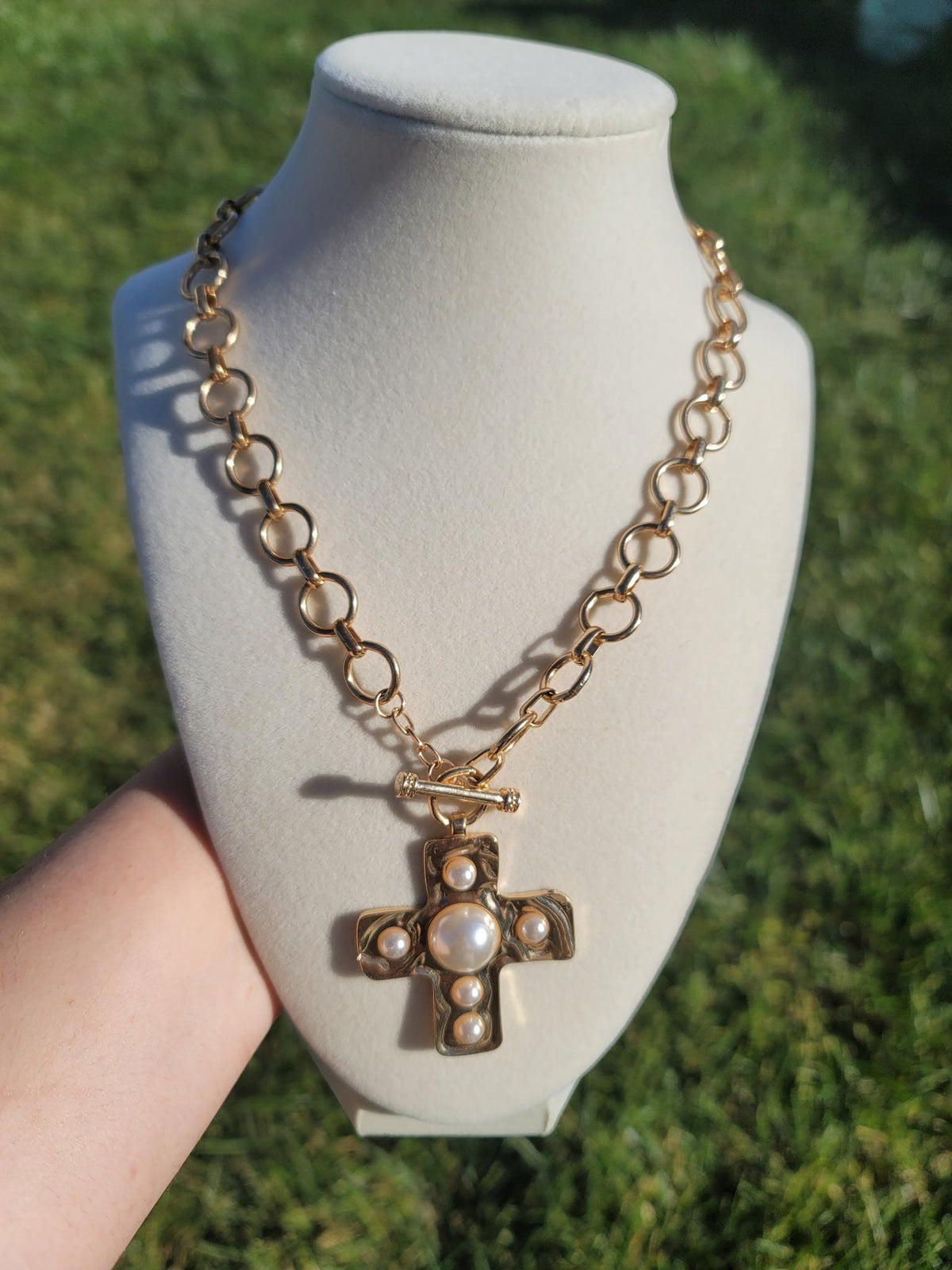 Divine Grace Waterproof Pearl Cross Necklace Gold