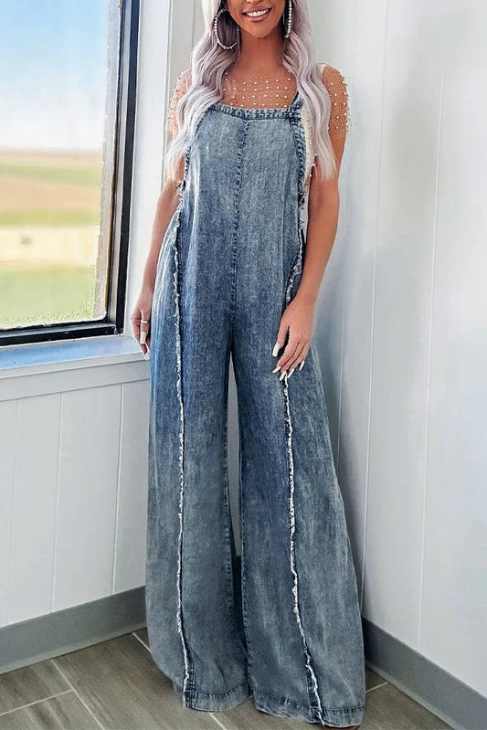 Washed Raw Hem One Piece Wide Leg Jumpsuit Overall YYNZ020: Light Blue / L