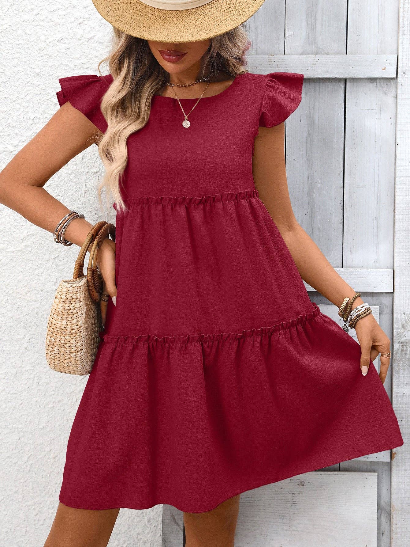 Ruffle Sleeve Tiered Boho Summer Dress Casual Solid Style: Light Purple / 100%Polyester / L