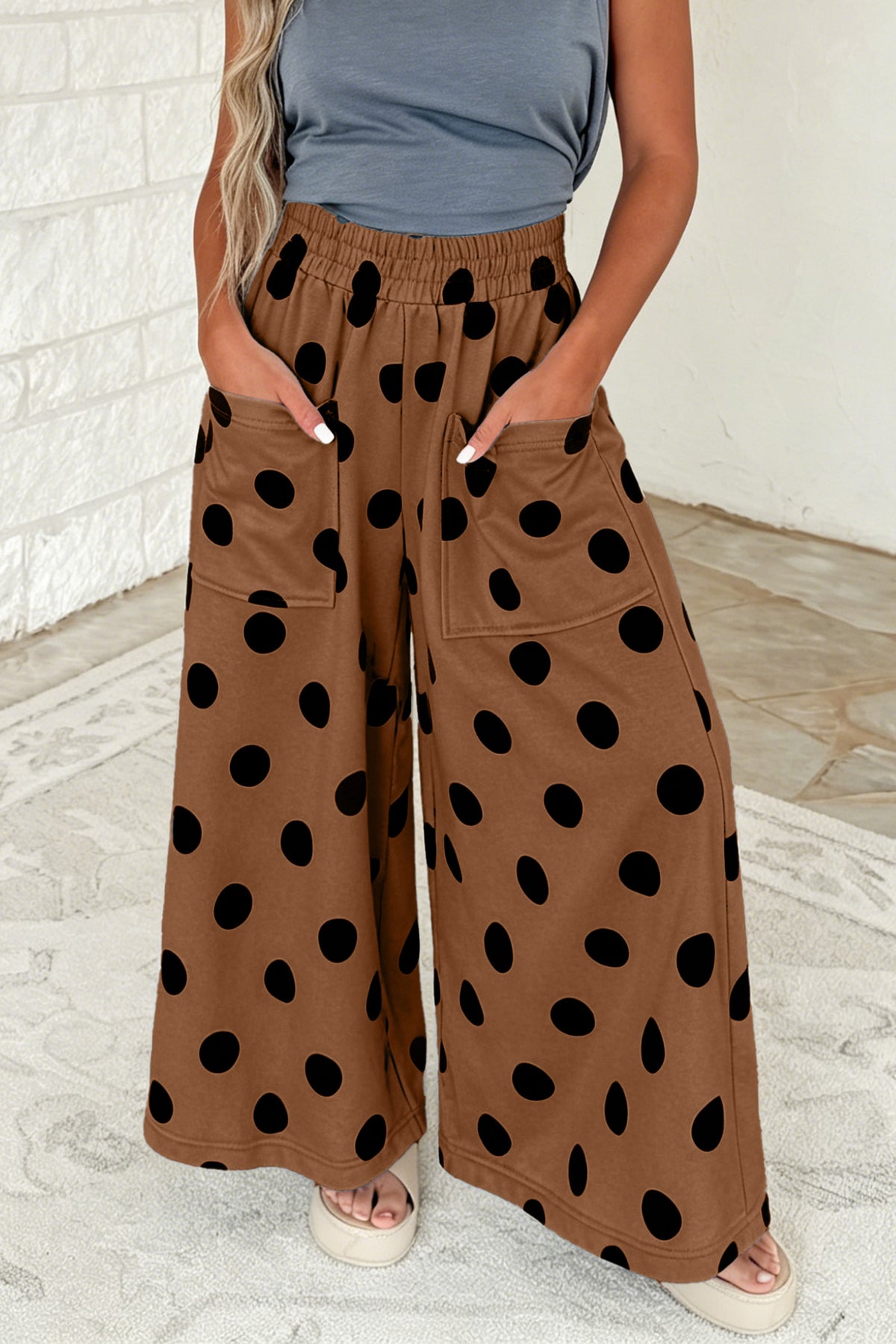 Burgundy Polka Dot Wide Leg Elastic Waist Casual Pants