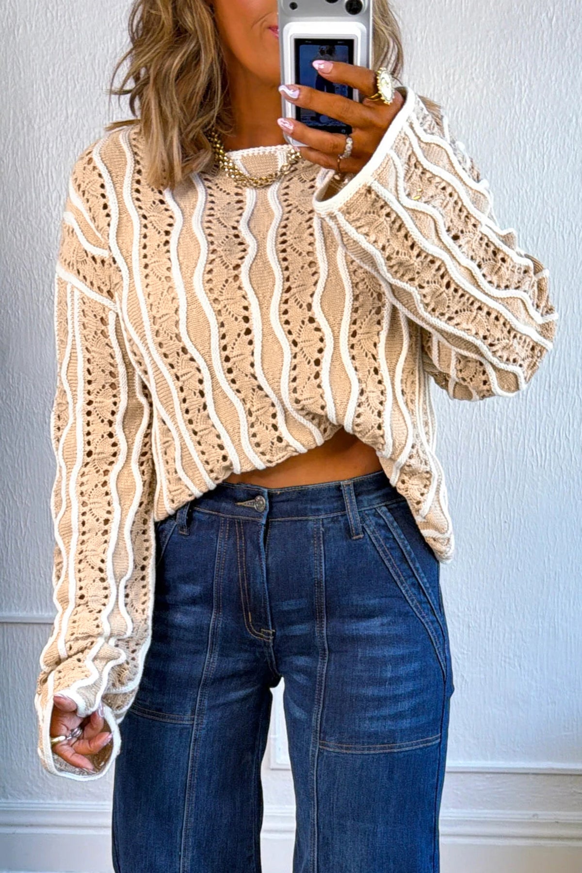 Racing Red Wavy Detail Hollow Out Knit Long Sleeve Cotton Pullover Sweater