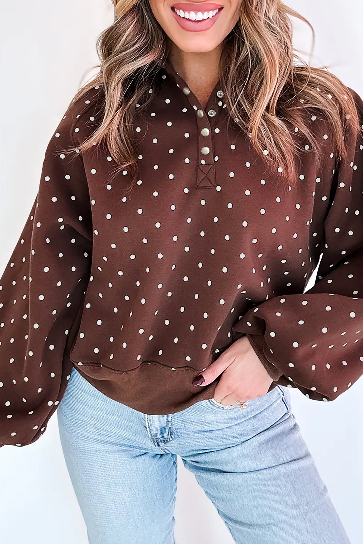 White Polka Dot Print Metal Button Collar Casual Pullover Sweatshirt
