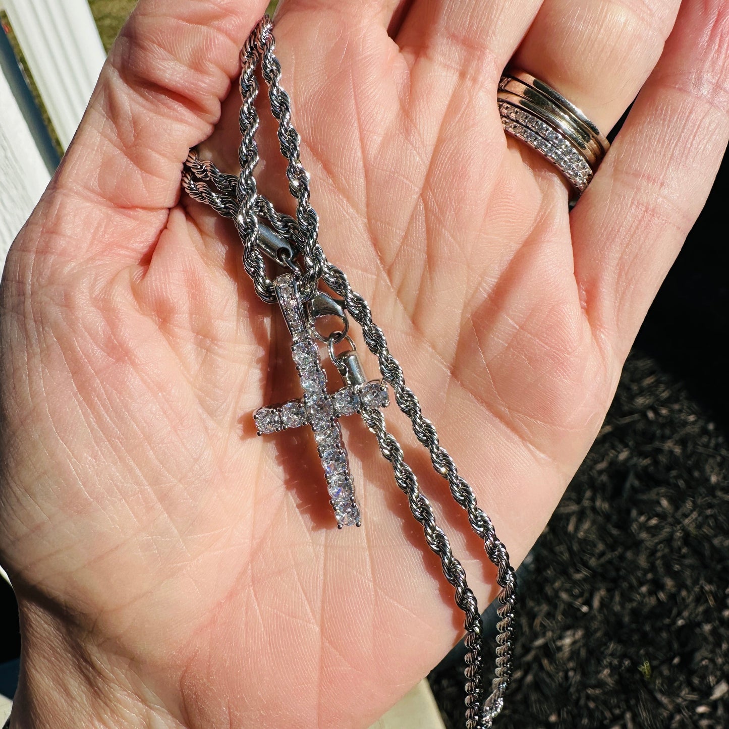 Angela Silver Rope Cross Necklace- 22"