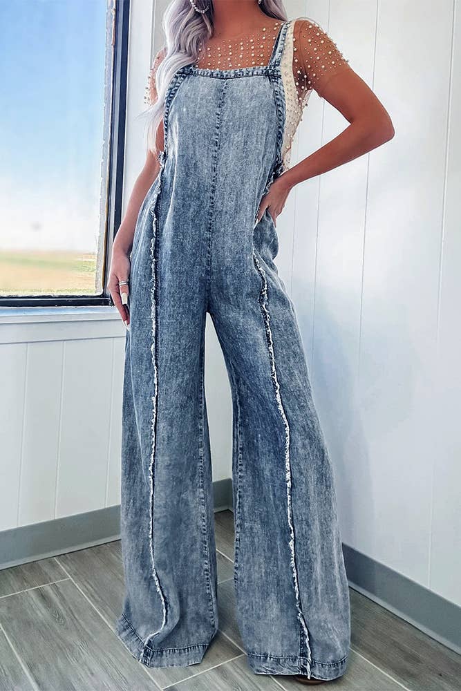 Washed Raw Hem One Piece Wide Leg Jumpsuit Overall YYNZ020: Light Blue / L