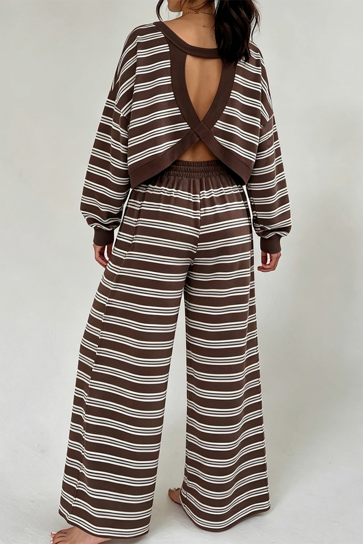 Rose Stripe Back Cutout Long Sleeve Top and Wide Leg Pants 2pcs Set
