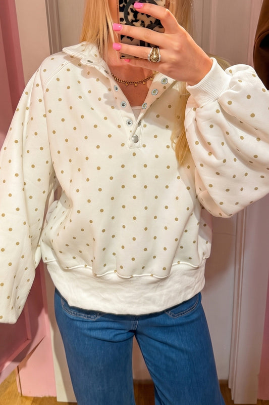 White Polka Dot Print Metal Button Collar Casual Pullover Sweatshirt