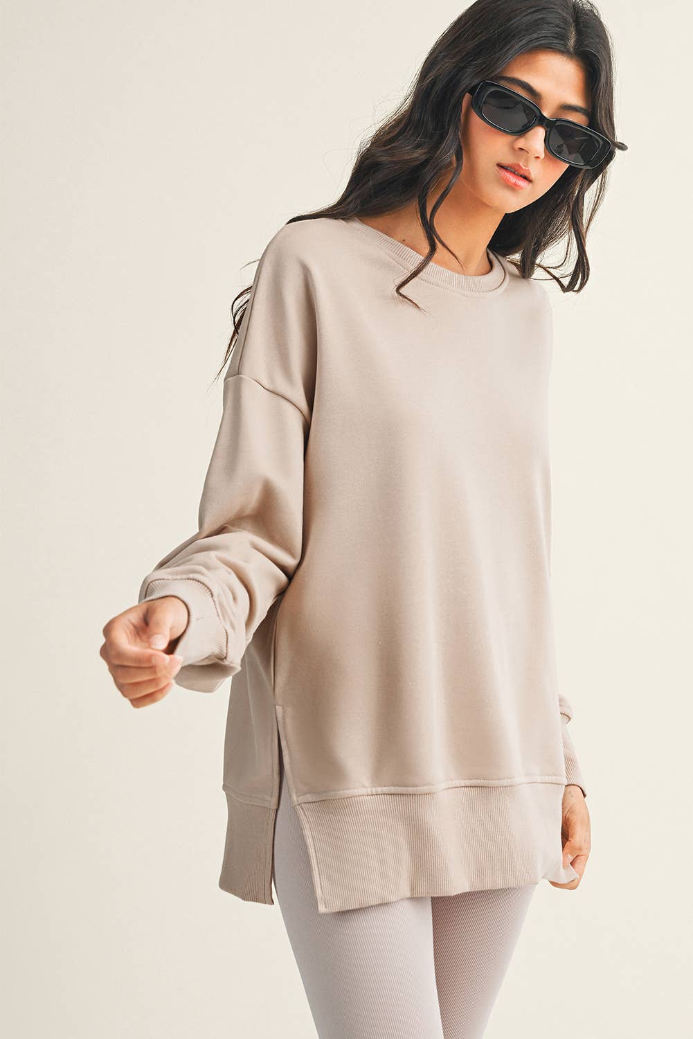 LDC Solid Color Slit Sweatshirt Ribbed Leggings 2pcs Set: Green Bay / XL