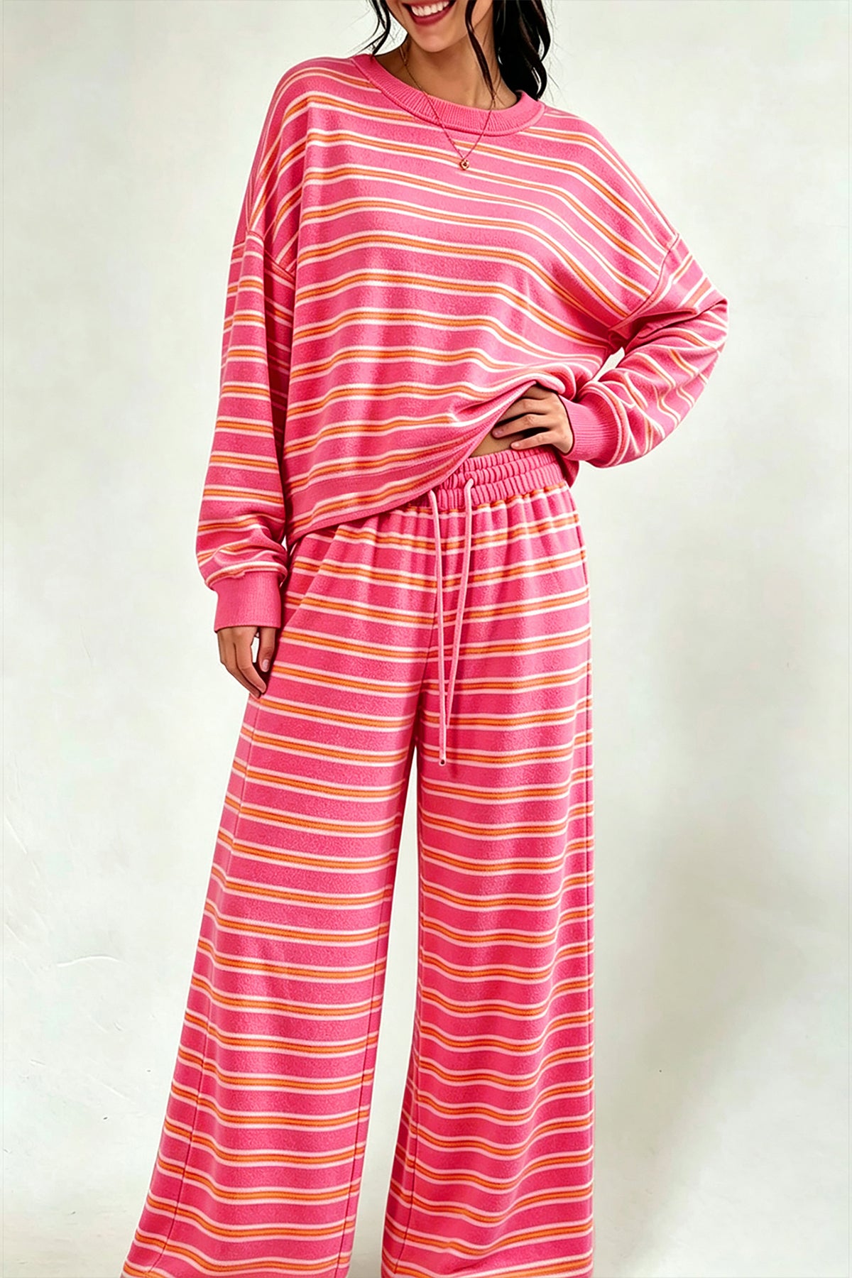 Rose Stripe Back Cutout Long Sleeve Top and Wide Leg Pants 2pcs Set