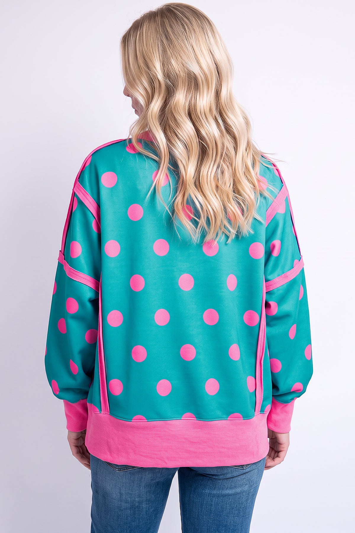 Yellow Polka Dot Contrast Patchwork Round Neck Baggy Sweatshirt