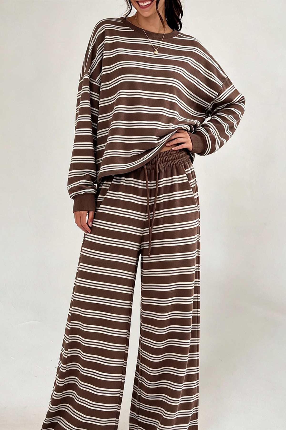 Rose Stripe Back Cutout Long Sleeve Top and Wide Leg Pants 2pcs Set