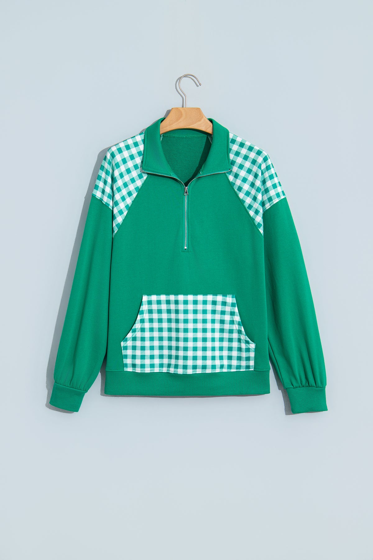 Pink Patchwork Plaid Pocket Quarter Zip Sweatshirt