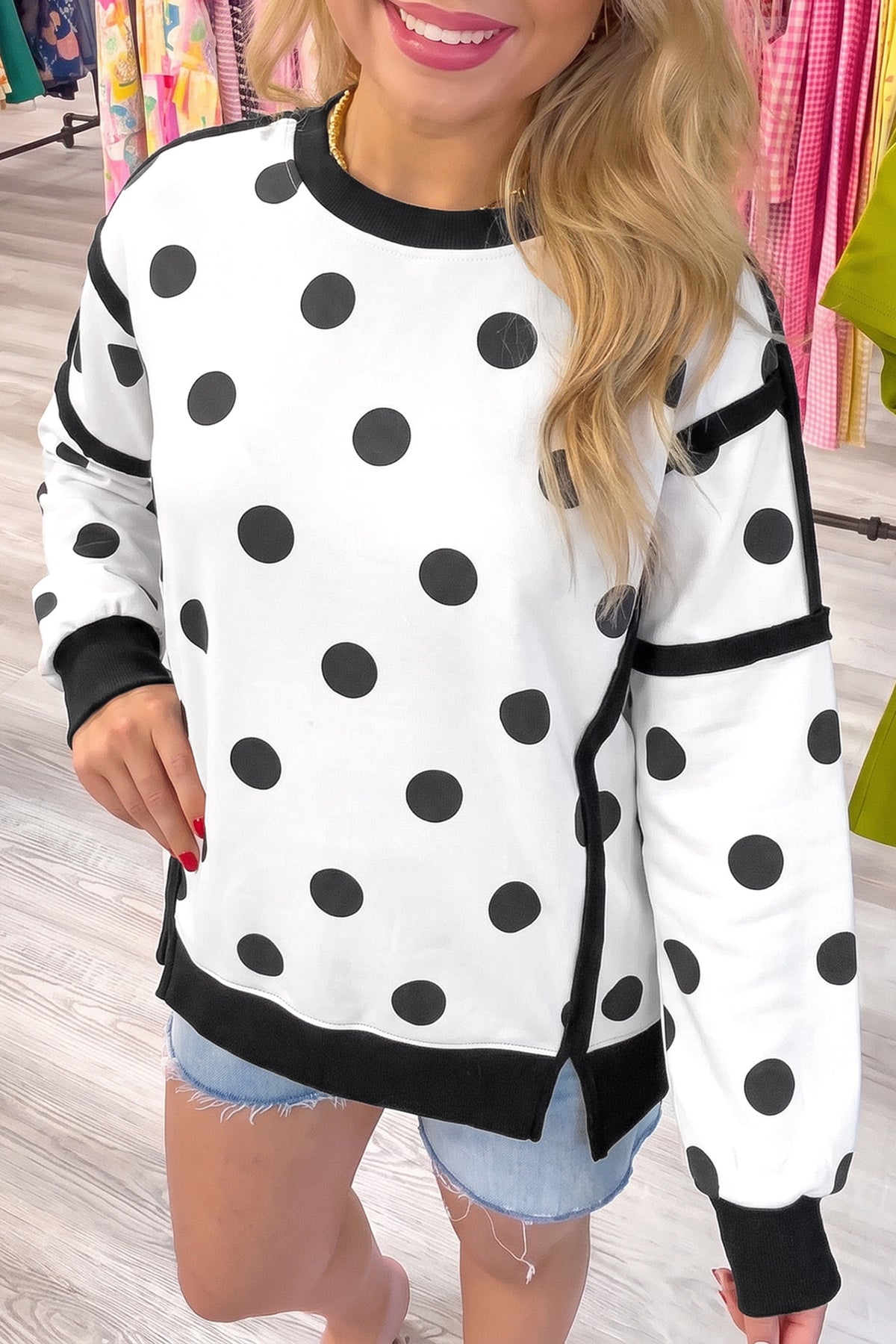 Yellow Polka Dot Contrast Patchwork Round Neck Baggy Sweatshirt