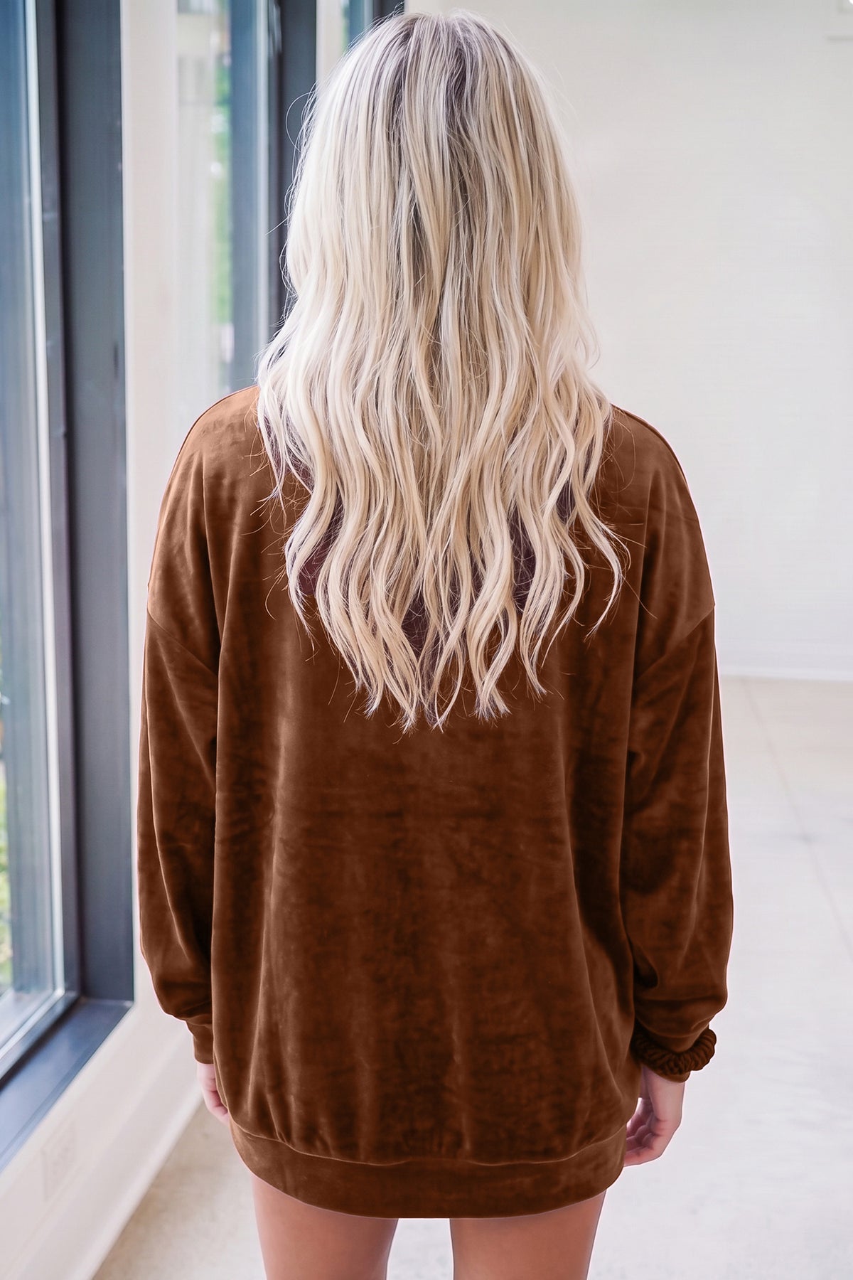 Coffee PRAY Embroidery Velvet Long Sleeve Sweatshirt