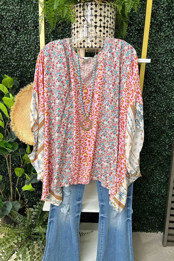 Color Block Leopard Floral Bat Wing Sleeves Blouse BBSP035: Pink / L