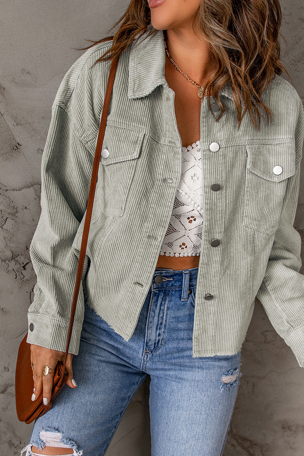 Sky Blue 100% Cotton Raw Hem Flap Pockets Cropped Corduroy Jacket