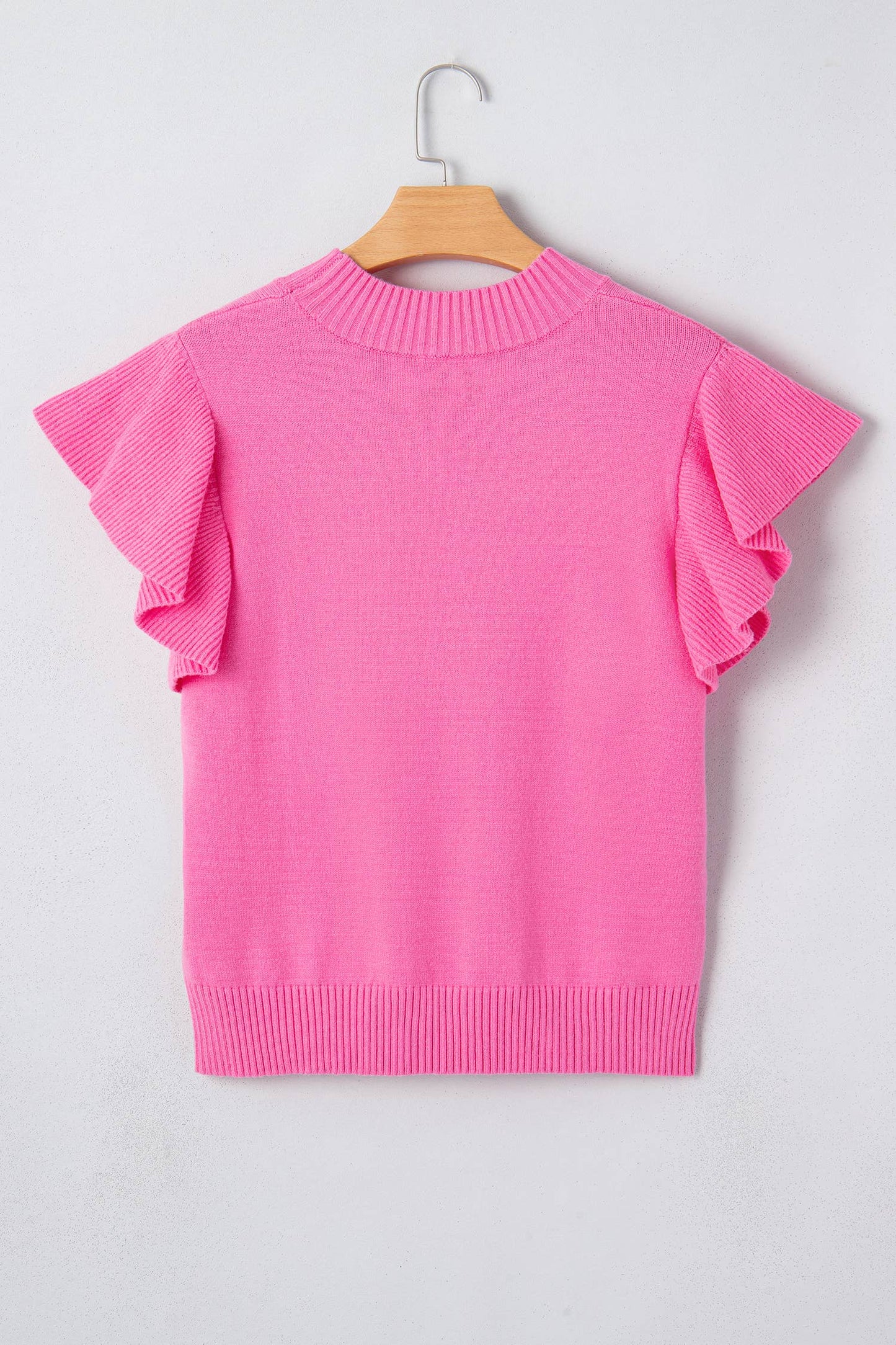 Ribbed Trim Round Neck Ruffle Short Sleeve Sweater: Sachet Pink / L