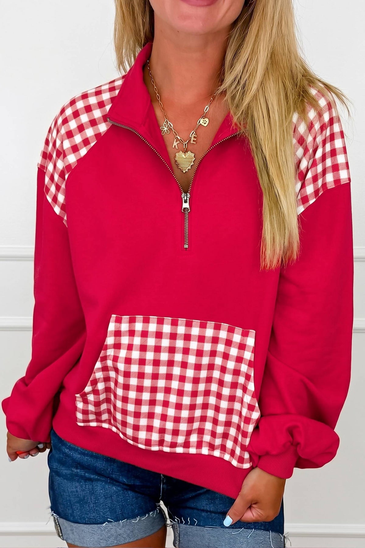 Pink Patchwork Plaid Pocket Quarter Zip Sweatshirt