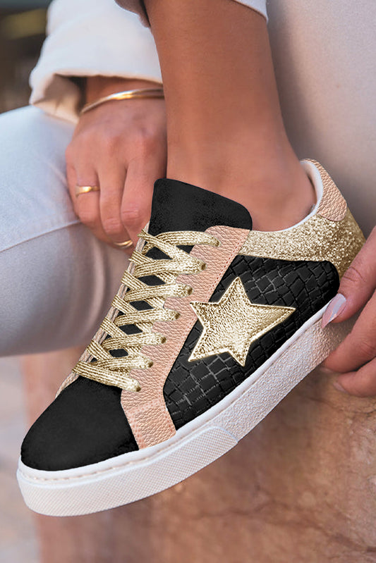 Rose Gold Glitter Star Patchwork PU Leather Lace-up Sneakers