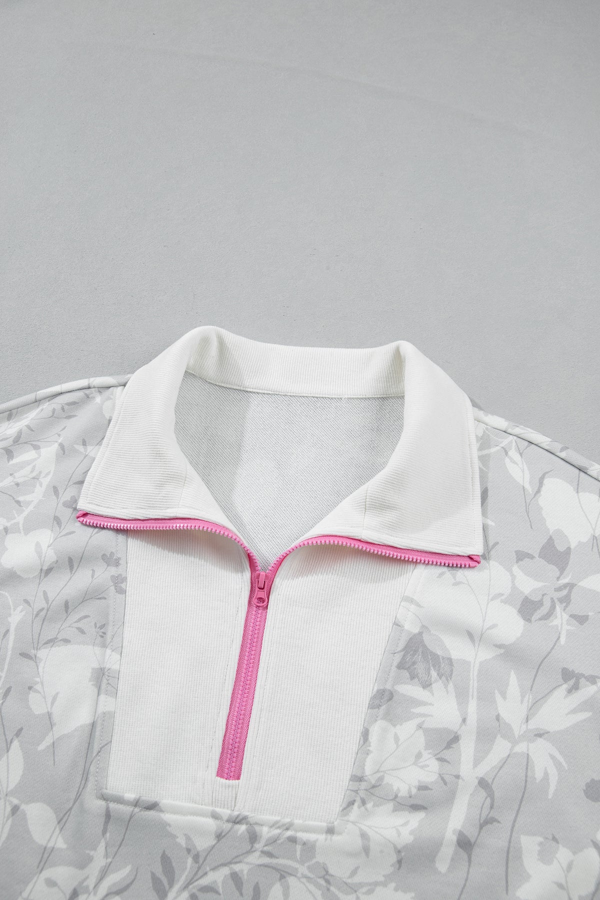 Gray Floral Print Quarter Zip Stand Neck Long Sleeve Sweatshirt