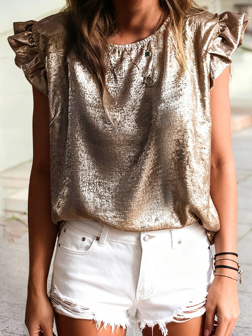 Metallic Round Neck Ruffle Trim Sleeveless Top: Gold / M