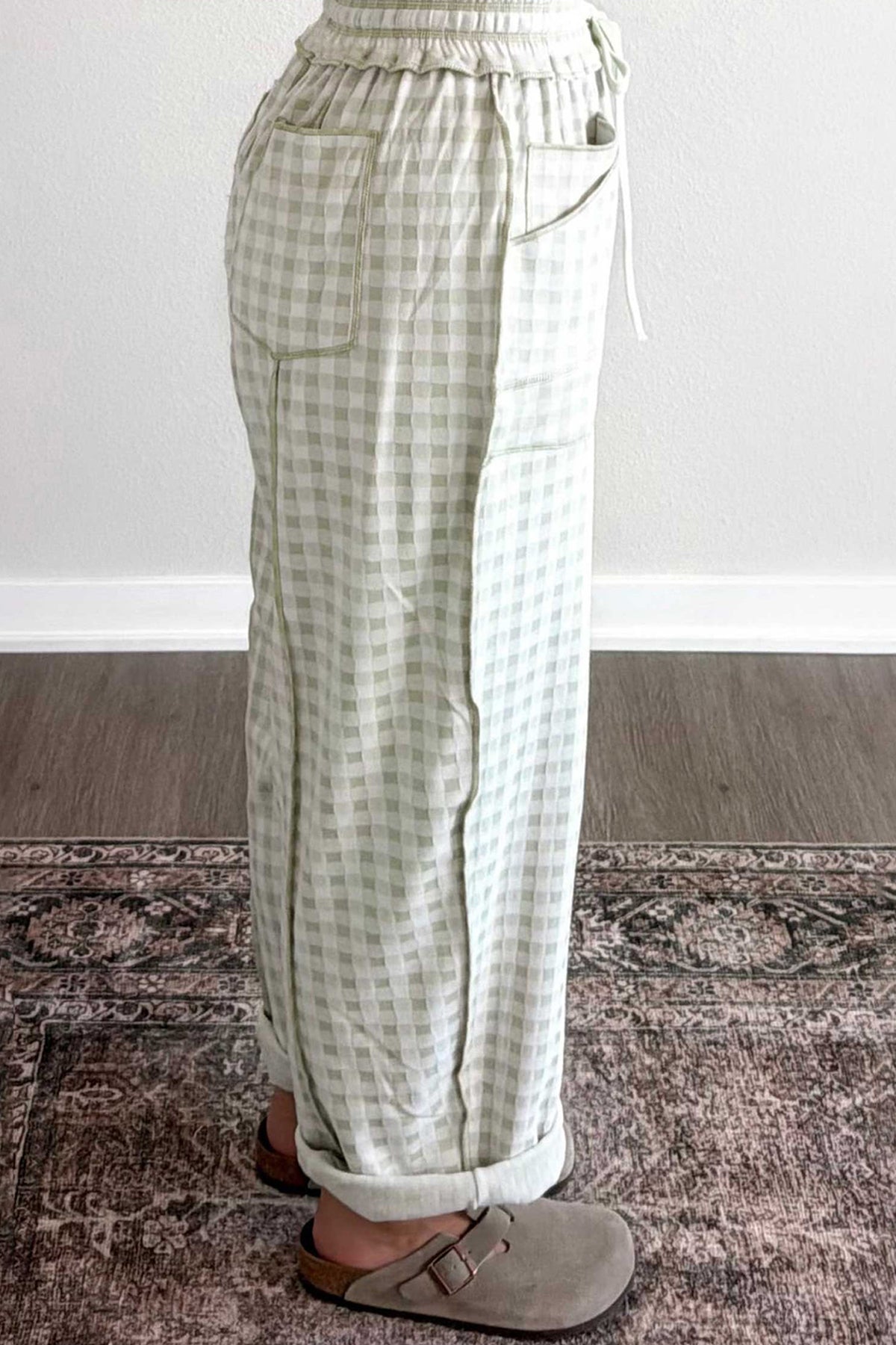 Brown Plaid Contrast Trim Drawstring Elastic Waist Shift Pants