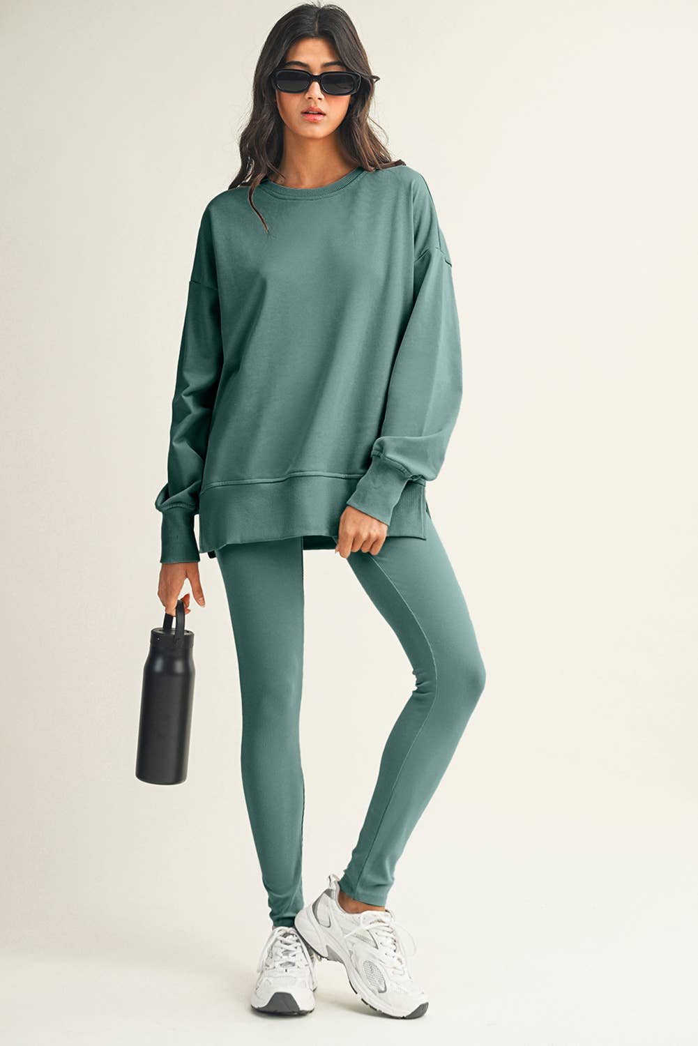 LDC Solid Color Slit Sweatshirt Ribbed Leggings 2pcs Set: Green Bay / XL