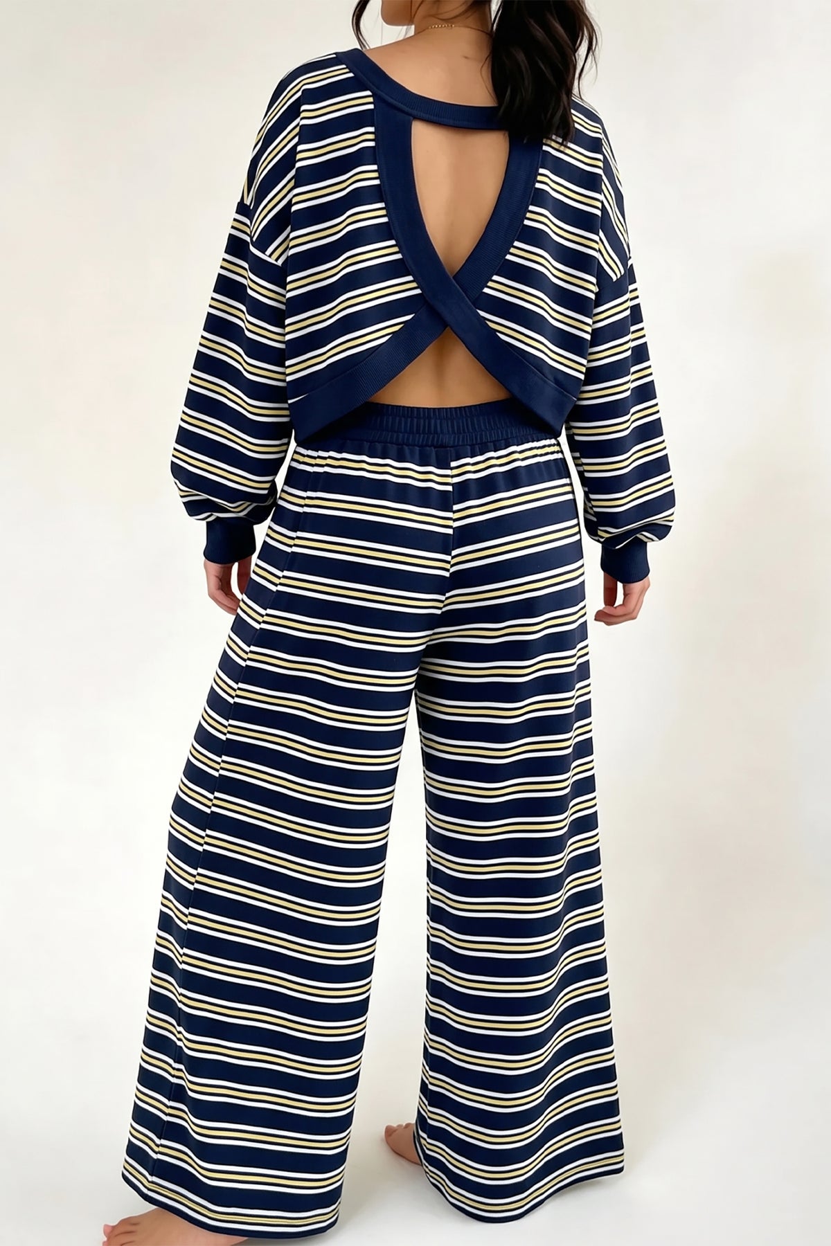 Rose Stripe Back Cutout Long Sleeve Top and Wide Leg Pants 2pcs Set