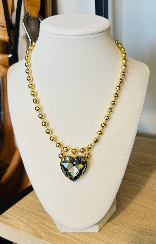 Smoky Crystal Heart Gold Bead Necklace