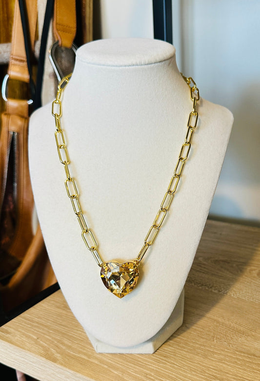 Champagne Crystal Heart Paperclip Chain Necklace