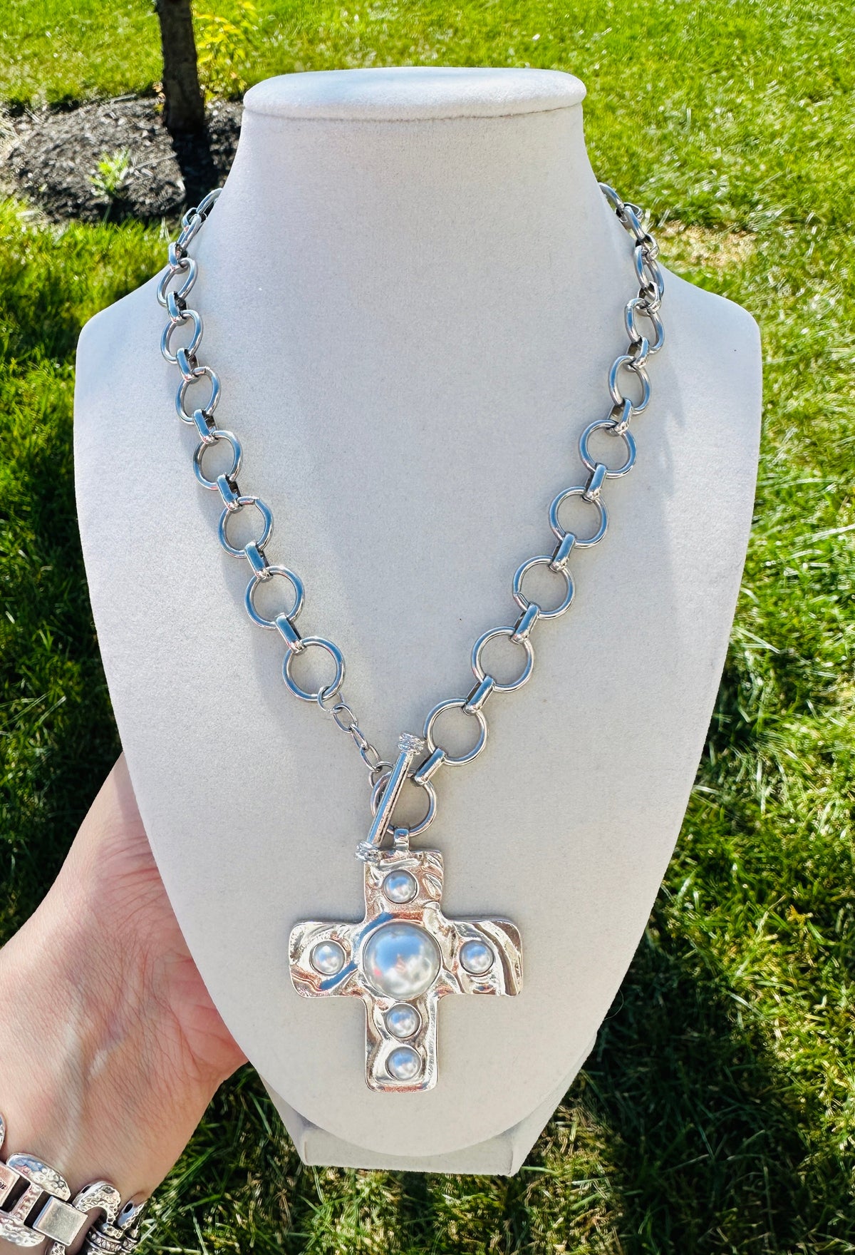 Divine Grace Waterproof Pearl Cross Necklace Silver