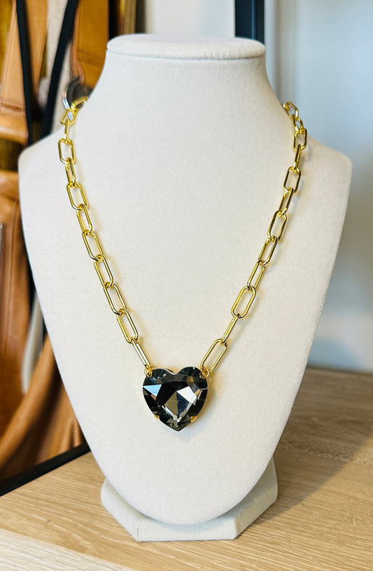 Smoky Crystal Heart Paperclip Chain Necklace