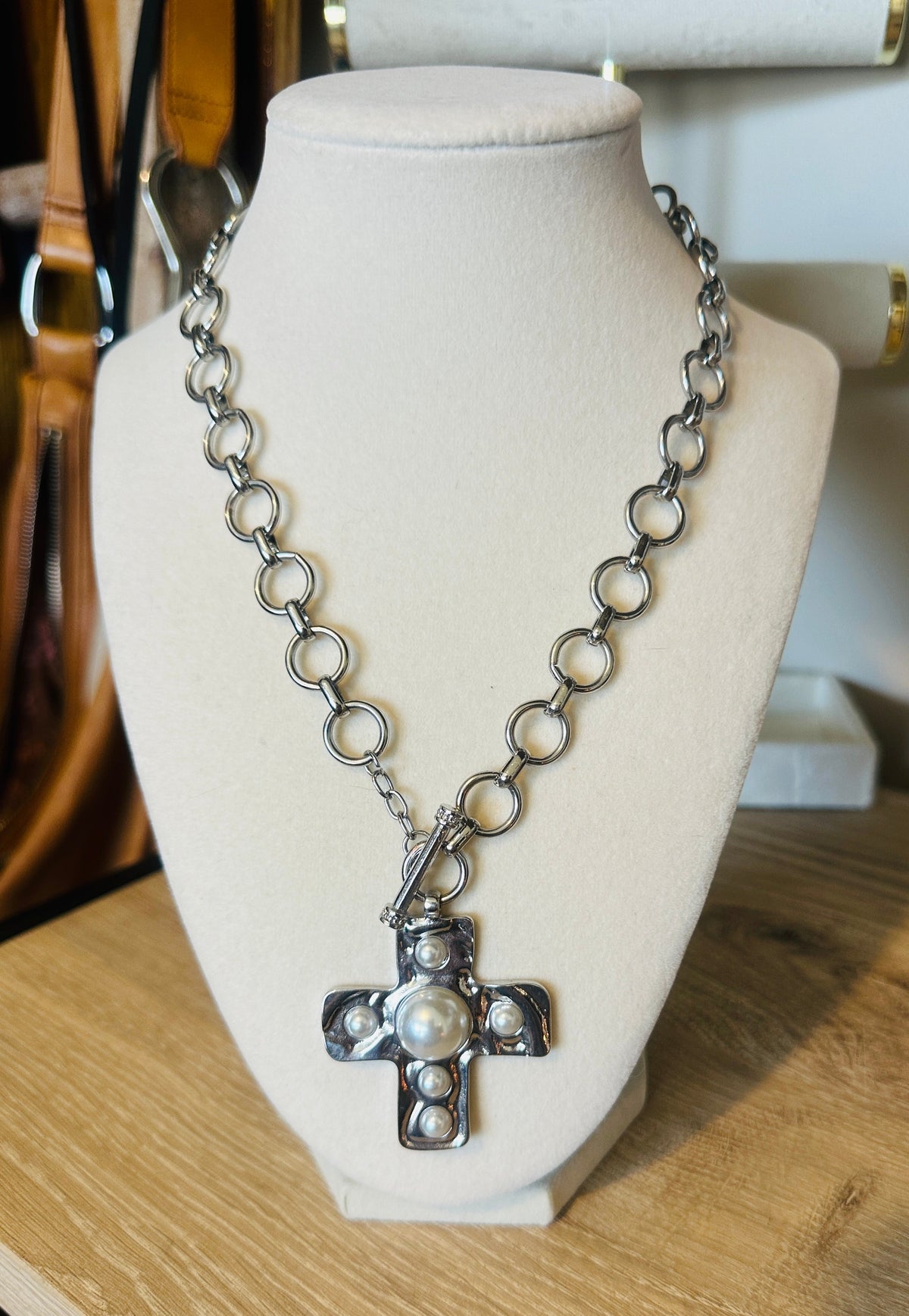 Divine Grace Waterproof Pearl Cross Necklace Silver