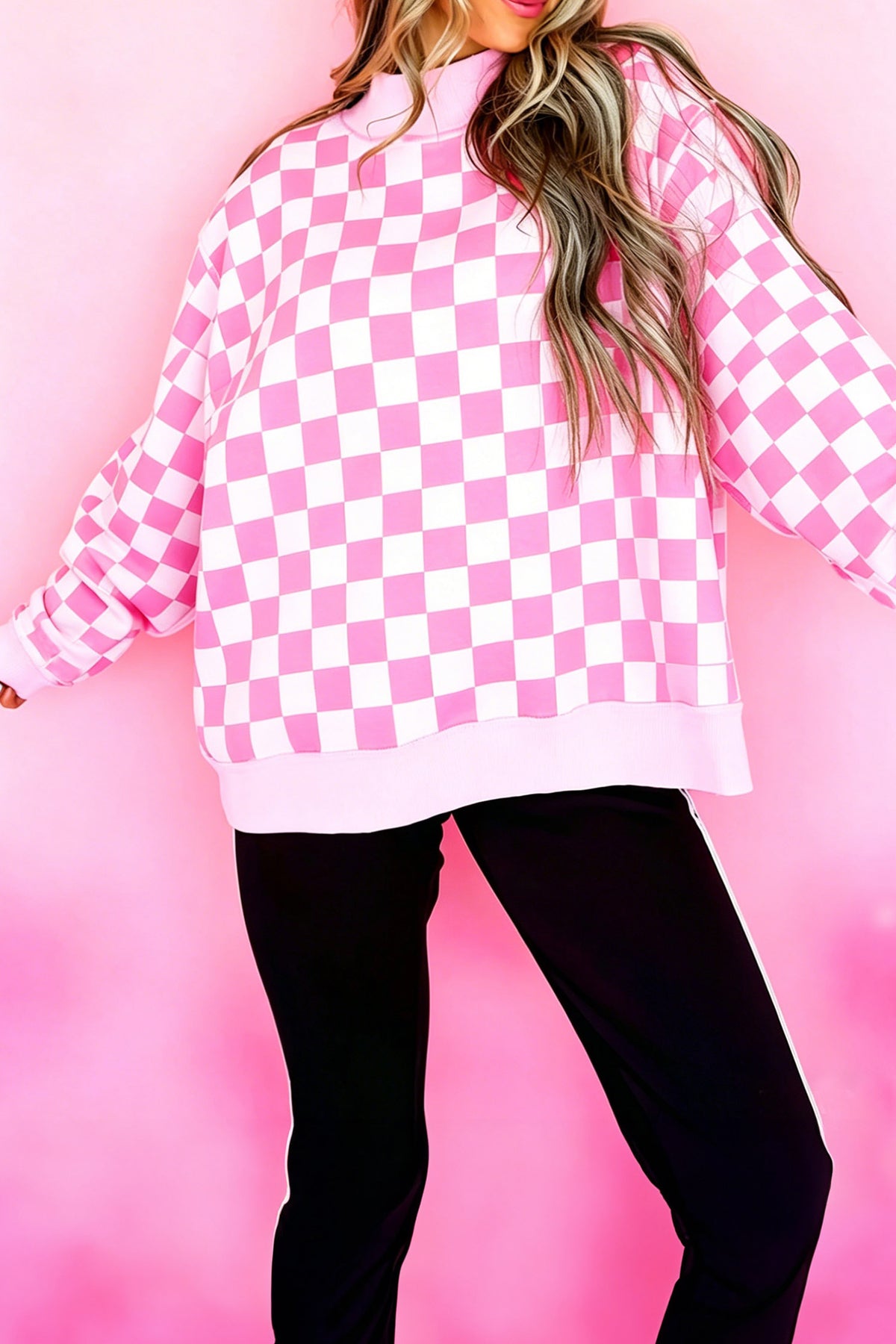 Black Checkered Print High Neck Baggy Sweatshirt